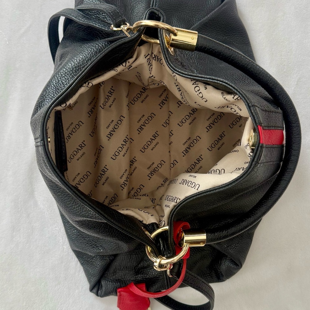 UGGARI MILANO Black Leather Shoulder Bag – Red Stripe, Gold Hardware – Perfect - Picture 3 of 12